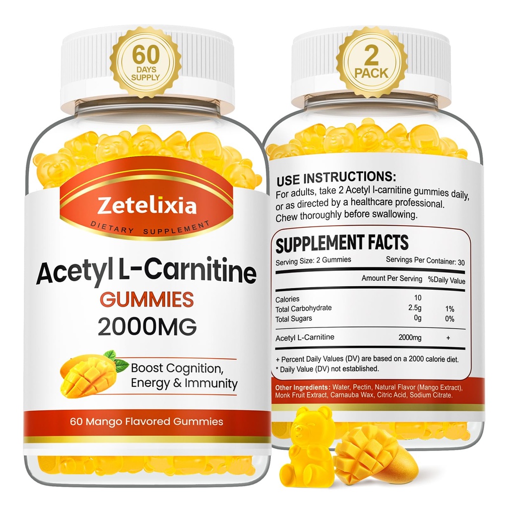 2 Pack Acetyl L-karnitin gummier, L-karnitin Supplement for kvinner og menn, ernæringstilskudd for økt energi, immunitet og hjerne helse, vegan, ikke-GMO, Mango Flavor, 120 greve