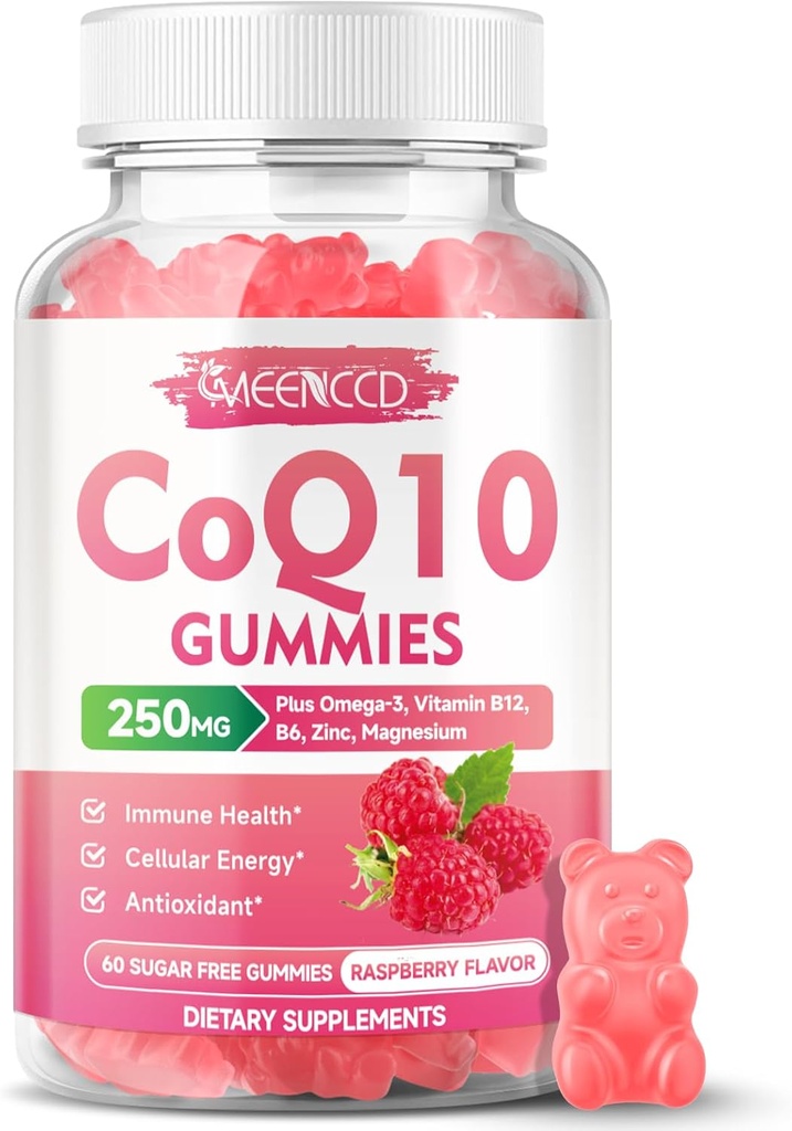 Sukkerfri CoQ10 Gummies 250 mg, Coenzym Q10 Kosttilskudd Plus Omega-3, Vitamin B6 & Sink, høy absorpsjon CoQ10 Supplement for cellulær energi og antioksidant støtte, bringebær Flavor, Vegan 60Cts