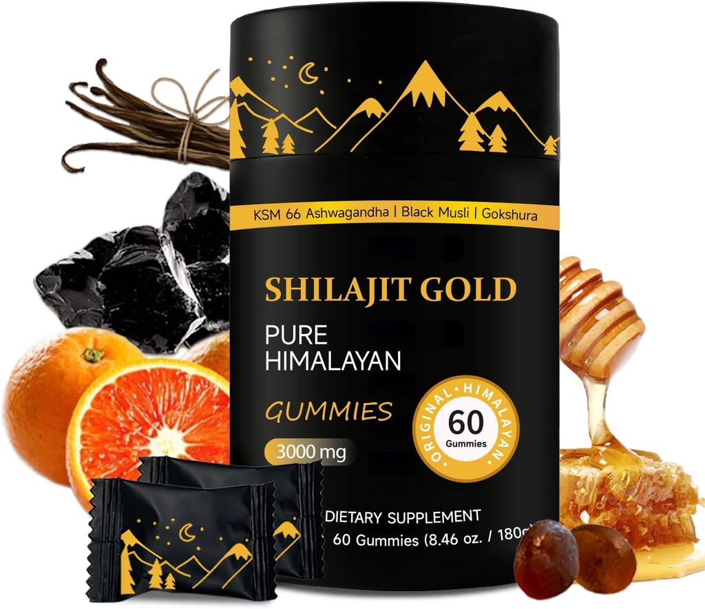 Shilajit Gummies ren Himalayan Shilajit Gummies gull | Ashwagandha, Gokshura | Fulvic Acid & 85+ Spor Mineraler for menn, kvinner | Ikke-GMO | Lab Tested | Ingen lagt sukker I 60 Gummy