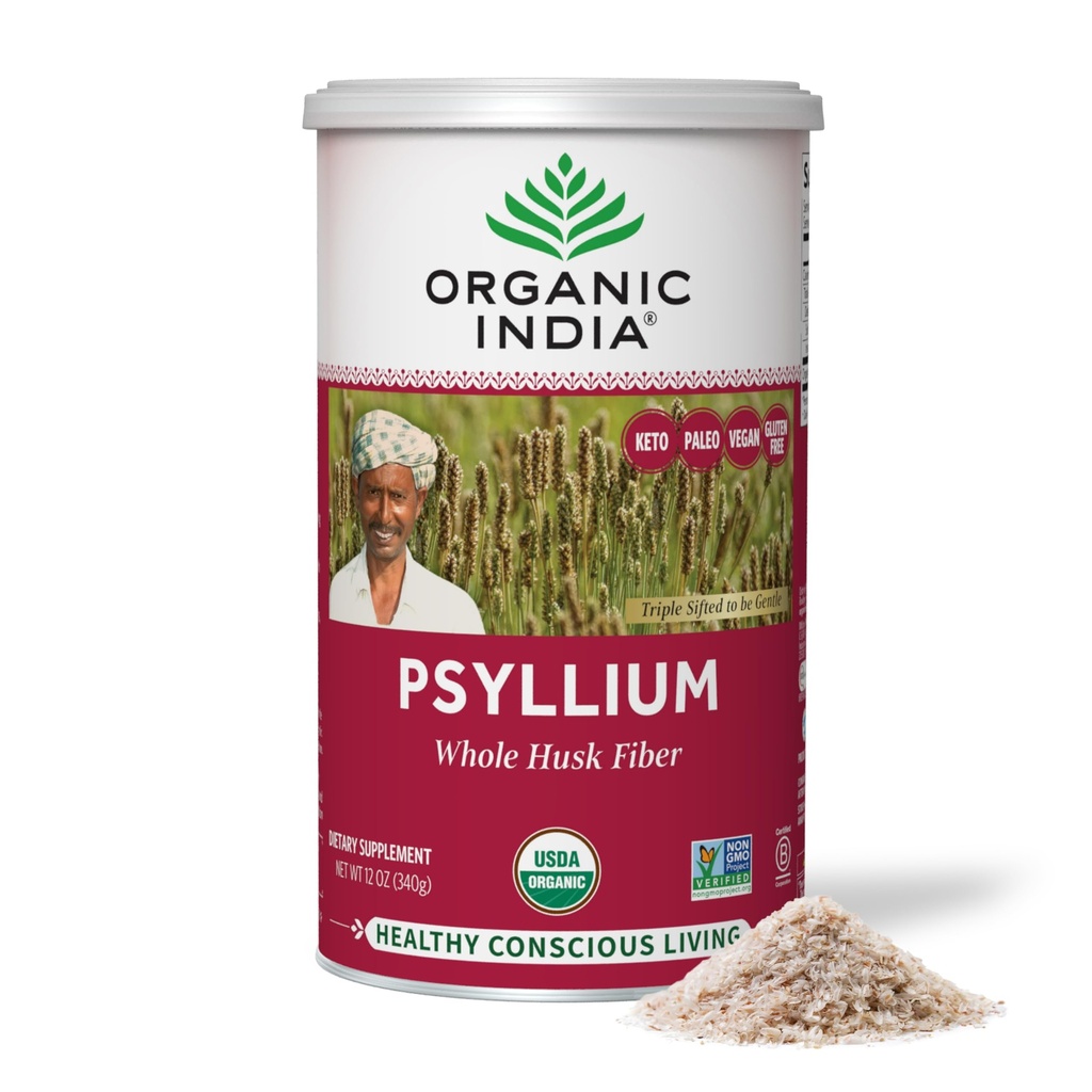 ORGANIC INDIA Psyllium Herbal pulver - hele Husk Fiber Supplement, Digestionsstøtte, Vegan, Glutenfri, USDA sertifisert organisk, ikke-GMO, løselig og uoppløselig Fiber Kilde - 12 oz