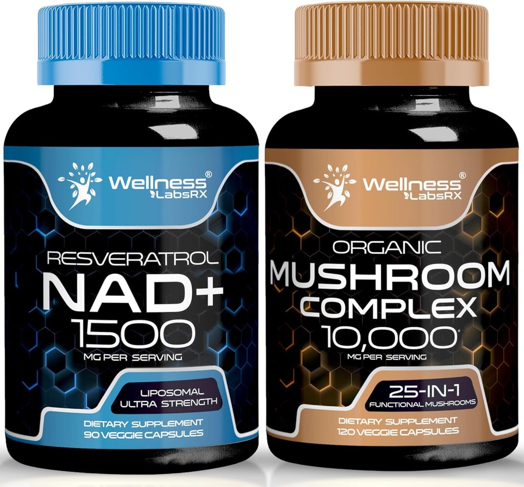WELLNESS LABSRX NAD Supplement, 1500 mg - Liposomal NAD+ Tilskudd med Resveratrol | Organisk Mushroom Supplement Kapsler - 10000mg - 25 i 1 Moshroom Complex Kapsler
