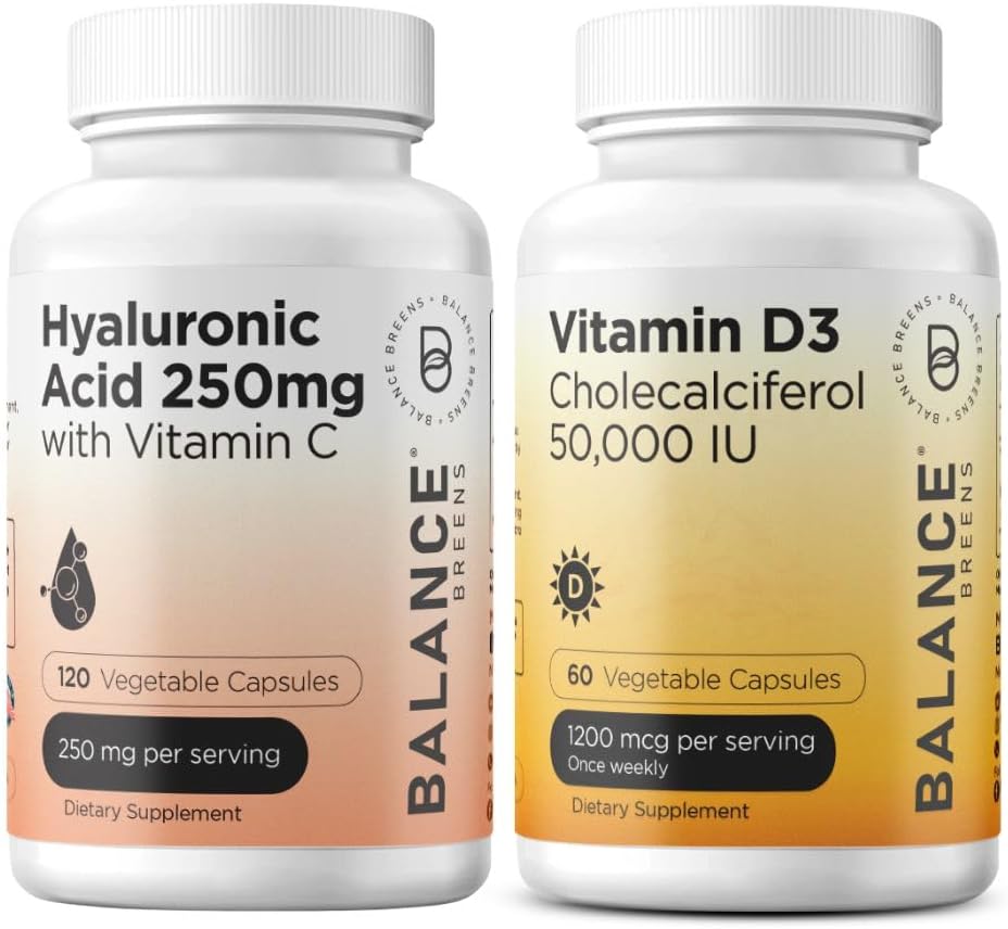 Balansebreens ren hyaluronsyre 250 mg med vitamin C 50 mg + vitamin D3 50 000 IE Supplement Combo
