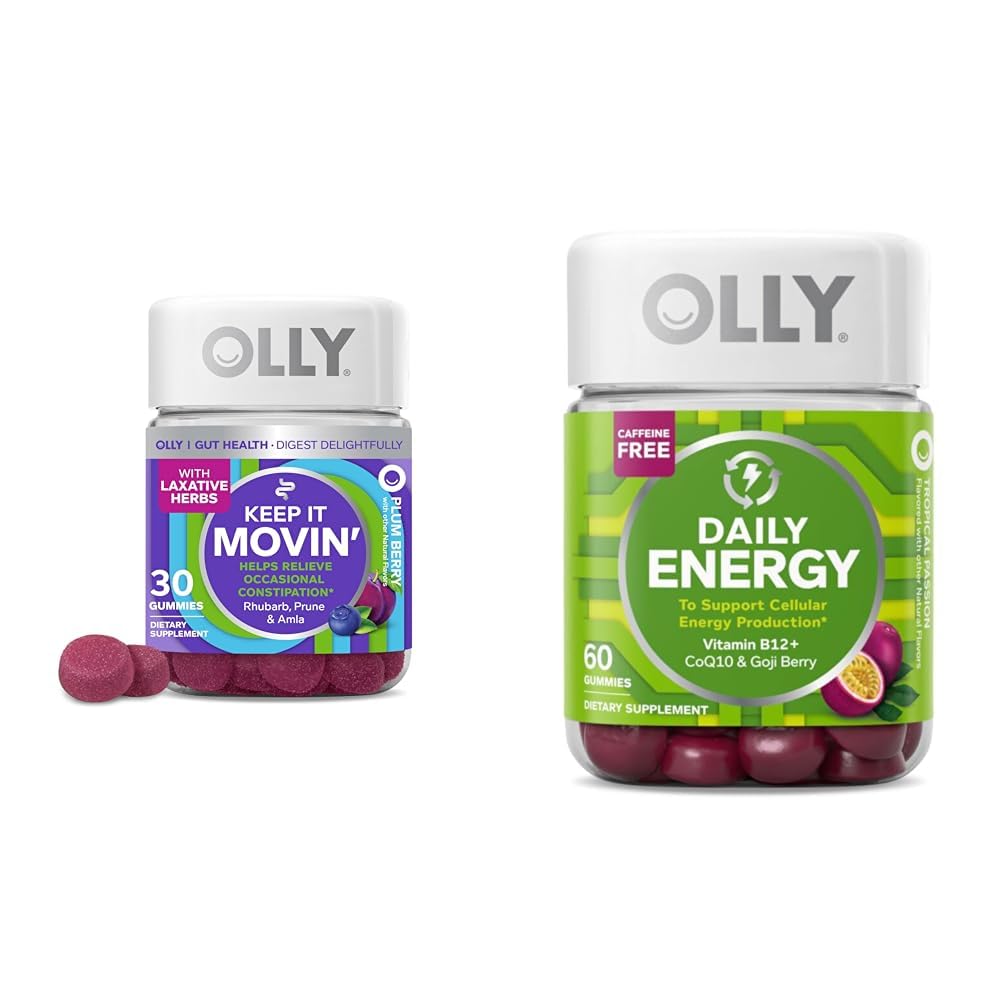 OLLY HANDLING Relief 30ct, Energi Gummy 60ct - Rhubarb Prunes Amla Berry, B12 CoQ10 Goji Tropical