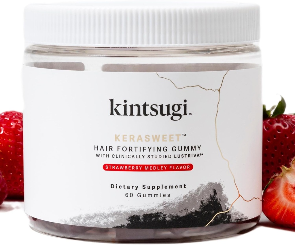Kintsugi KeraSweet hårforsterkning gummy-hjelp mot tegn på aldring hår, Supplement for sterke, Voluminous Strands- støtter sunnere, Fullere utseende hår m/ B12, så Palmetto, ACV (Strawberry, 60ct)