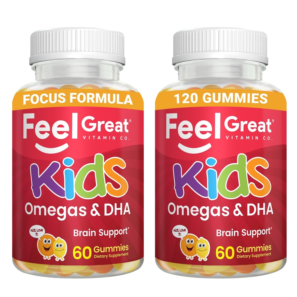 Føle store vitaminer Kids DHA Gummies med Omega 3 6 9, Vitamin C (2-Pack) | Støtter Sunn Hjernefunksjon, Visjon og hjerte helse | Glutenfri, vegetarisk | 60 gummier