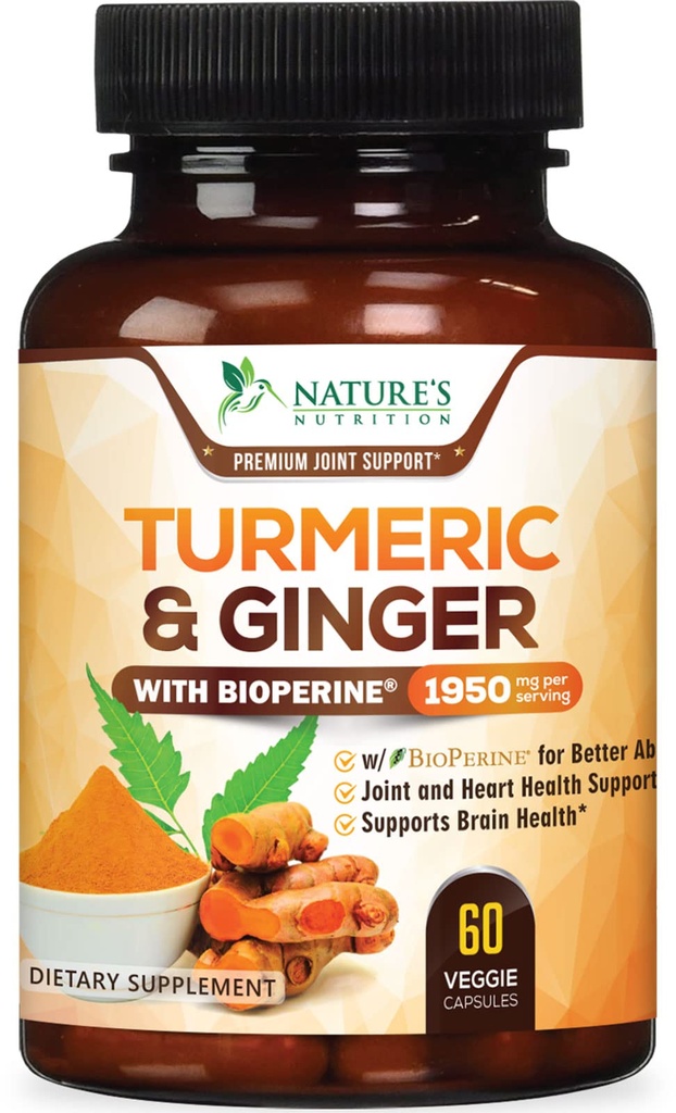 Gurkemeie Curcumin Supplement 1950mg - 95% Curcuminoids med organisk gurkemeie og ginger, BioPerine Black Pepper for beste absorpsjon, Naturens vegan felles støtte, ikke-GMO, flaske i USA - 60 kapsler