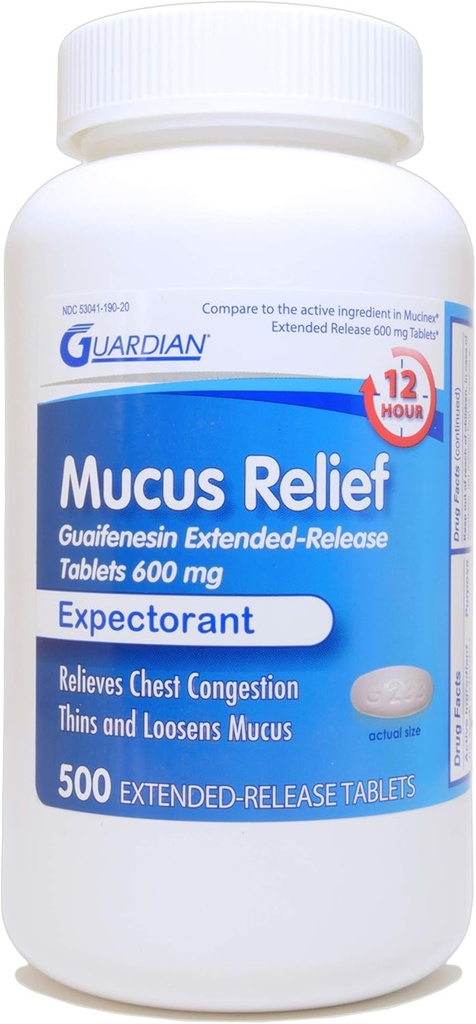 Guardian Mucus Relief, 600mg Guaifenesin 12 timers utvidet frigjøring, Chest Congestion Expectorant (500 Count Bottle)