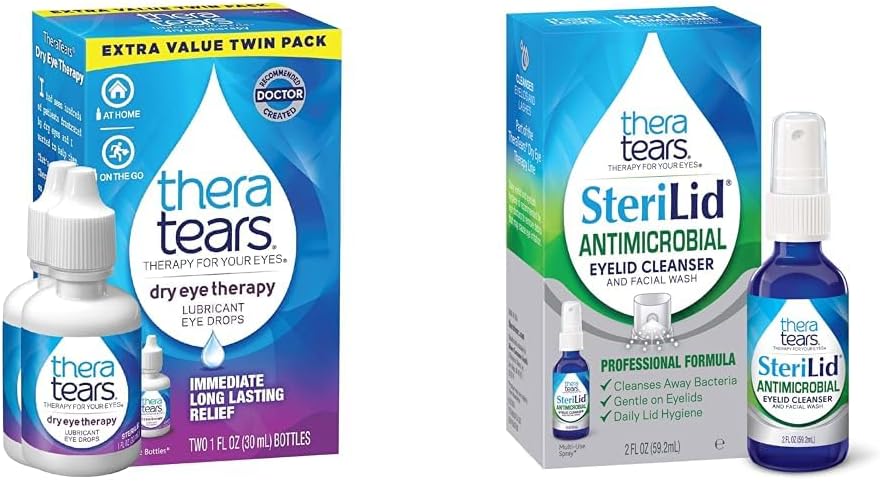TheraTears Tørr Øyeterapi Lubrerende Øyedråper for tørre øyne, 1 floz flaske Twin Pack & SteriLid Eyelid Cleanser og ansiktsvask, for irritert øyne, 2 floz Spray