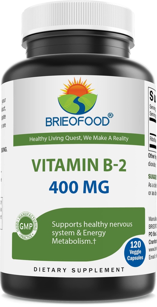 Brieofood vitamin B2 (Riboflavin) 400 mg, 120 Veggie kapsler - Glutenfri, ikke-GMO