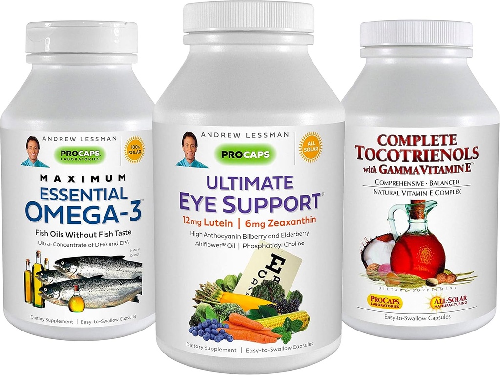 ANDREW LESSMAN 3 Product Eye Health Bundle - 360 Softgels Hver av Ultimate Eye Support, maksimal essensiell Omega-3 og komplette Tocotrienols. Støtter og støtter øyehelse.