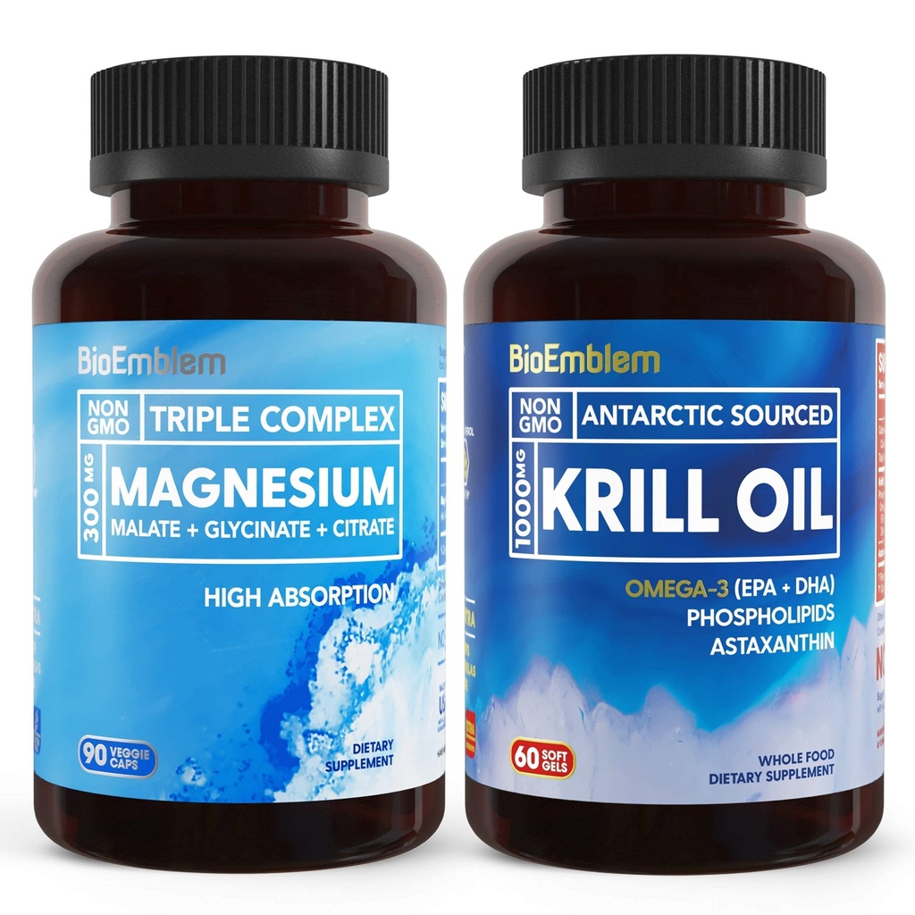BioEmblem Triple Magnesium Complex og Antarctic Krill Oil, støtter søvn og hjerne helse, hjerte og felles helse, fremmer kardiovaskulær helse, og støtter avslapping