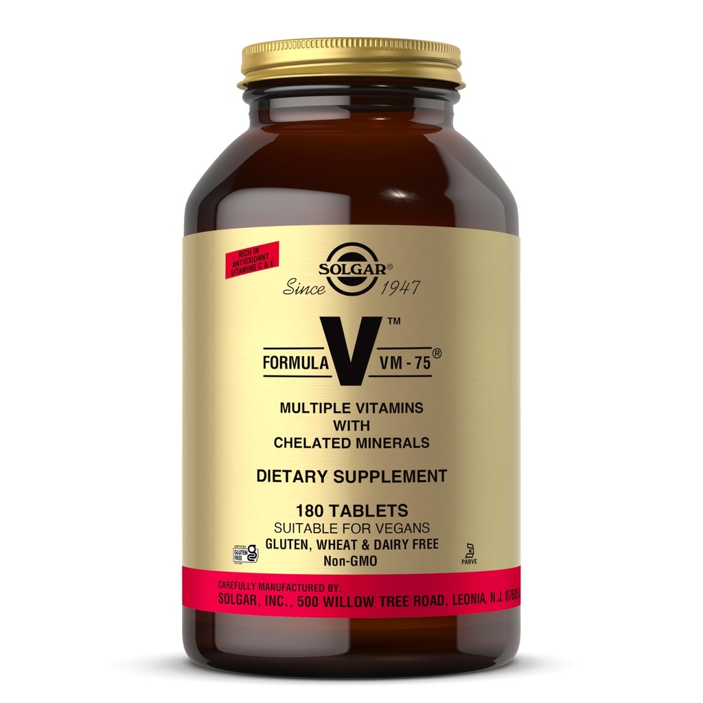 Solgar formel VM-75, 180 tabletter - Multivitamin med Chelated Minerals - Vitamin A, B6, B12, C, D, E - Biotin, Magnesium, Kalsium, jern, sink - Vegan, Glutenfri, Dairy Free, Kosher - 180 Serveringer
