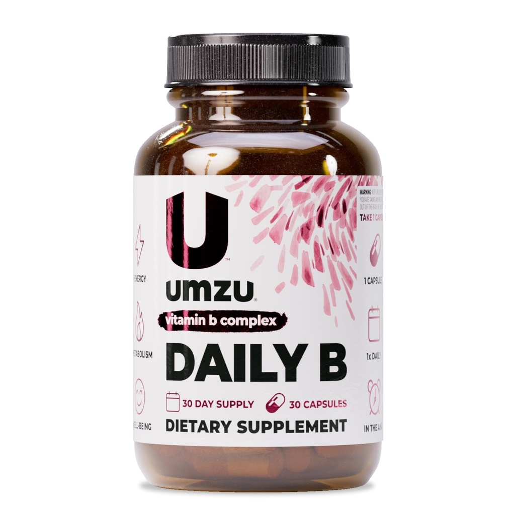 UMZU Daily B | 100% komplett vitamin B kompleks med B1, B2, B3, B5, B5, B7, B9 & B12 med folsyre | støtter naturlig energiproduksjon og kognitiv funksjon Well (30 dagers forsyning | 30 kapsler)