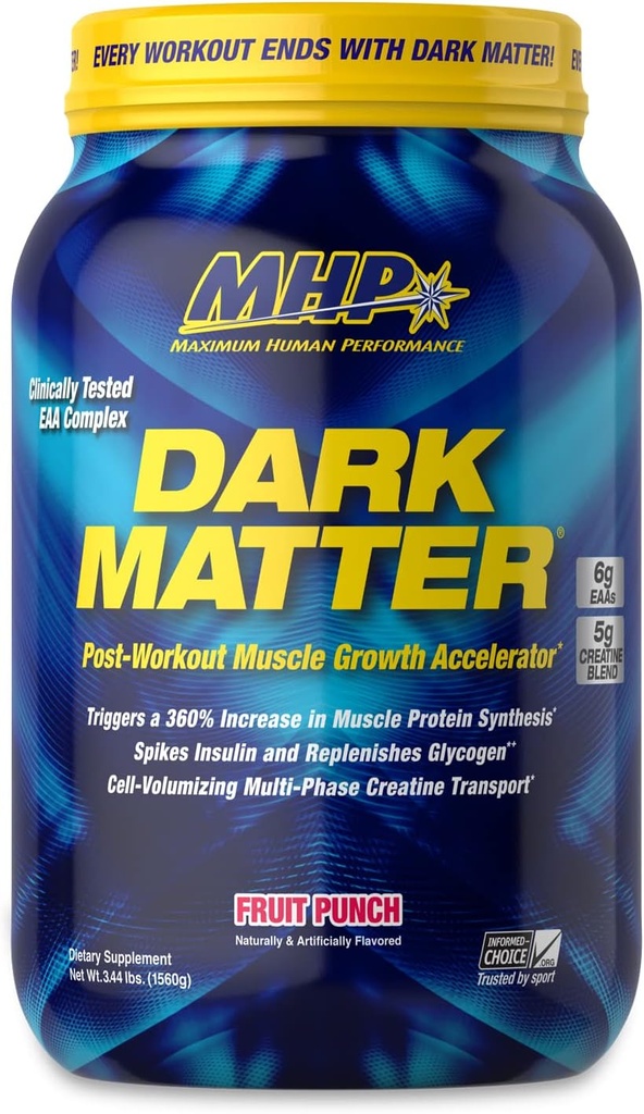 MHP Dark Matter Post Trening, Recovery Accelerator, w/Multi Phase Creatine, Waxy Maize Carbohydrat, 6g EAAs, Fruit Punch, 20 Serveringer, 55 Oz