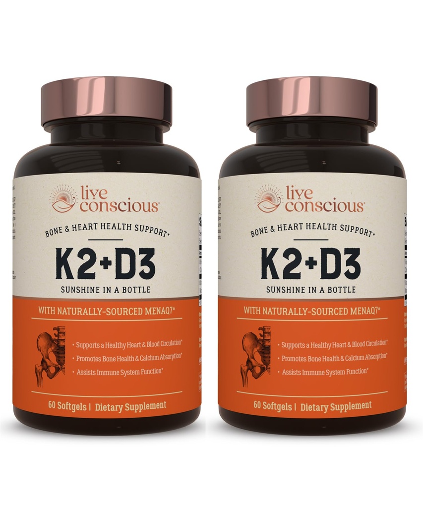 Levende bevisst vitamin K2 MK7 med D3 Supplement ® Bein og hjerte helse støtte - Patentert vitamin K & vitamin D3 5000 IE (2-Pack)