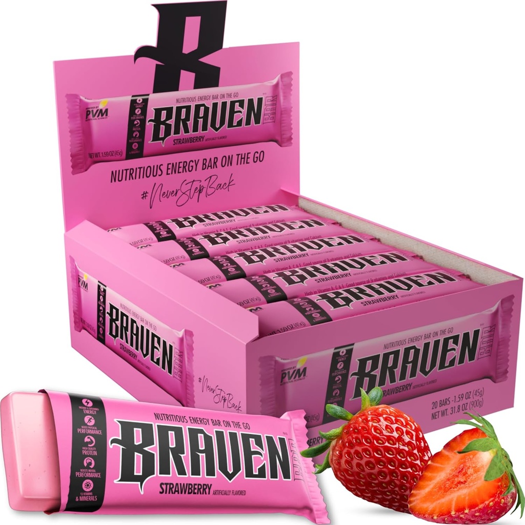 Braven Bar Strawberry Energy Bars (1,59 oz, Pakke med 20) – Energi Chews med 5g Protein – On-the-Go Energi Snacks for løping, fotturer og idrett - Glutenfri Snacks for responderbar energi Boost