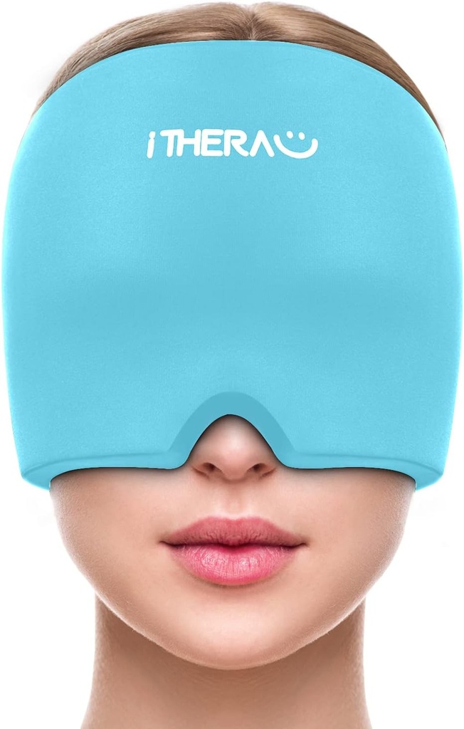 iTHRAU Migraine Relief Cap, Sotende hodepine hat, Gel Ice Pack Head Wrap med varm og kald terapi, hodepine Relief Cap for Sinus, Puffy Eyes, Tension og stress Relief Blå