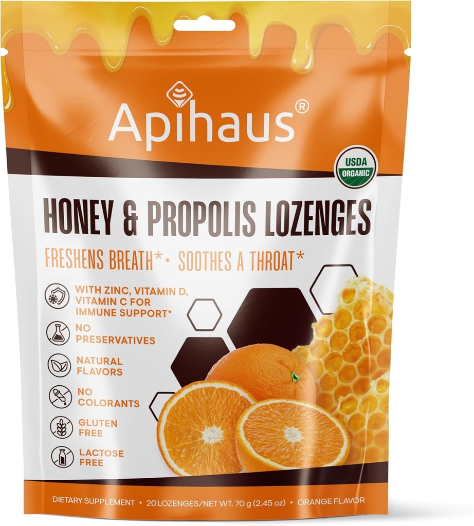 Honning og propolis Lozenges Orange Flavor, Freshens puste - Soothes a Throat- Immune Support med vitamin C, vitamin D og sink, 20 Count