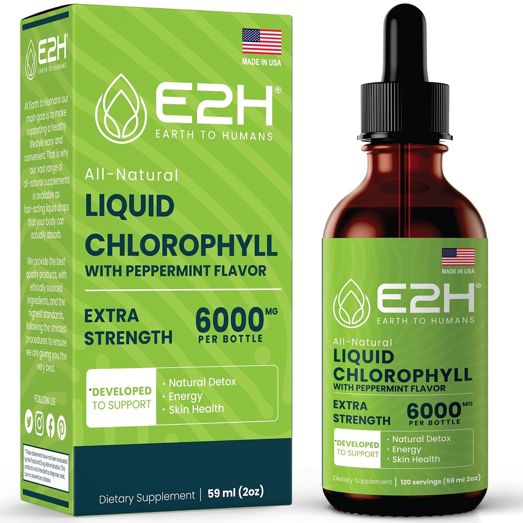 E2H Klorofyll flytende dråper - Naturlig energiforsterker, immunsystemstøtte og intern deodorant - Peppermynteflavor - 2 Fl Oz