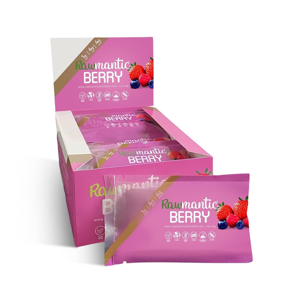 Rawmantic sjokolade Berry Vegansk Energi Bars - 2.1 Oz (pakke med 12) - Snack Snack Bars - Dairy, Nut og Glutenfri Blandet Berry Bar - Perfekt for Vegansk Diett - Ikke-GMO Blandet Berry Sjokolade Energi Bars
