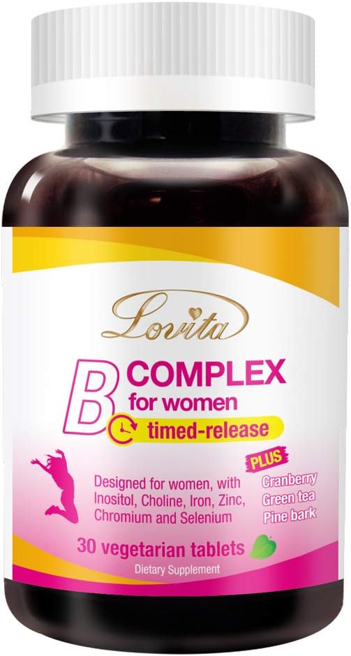 Lovita B-kompleks Supplement for kvinner - høy potens timed release med jern, vitamin C, Cranberry, Pine Bark, Grønn te, 30 vegetariske tabletter