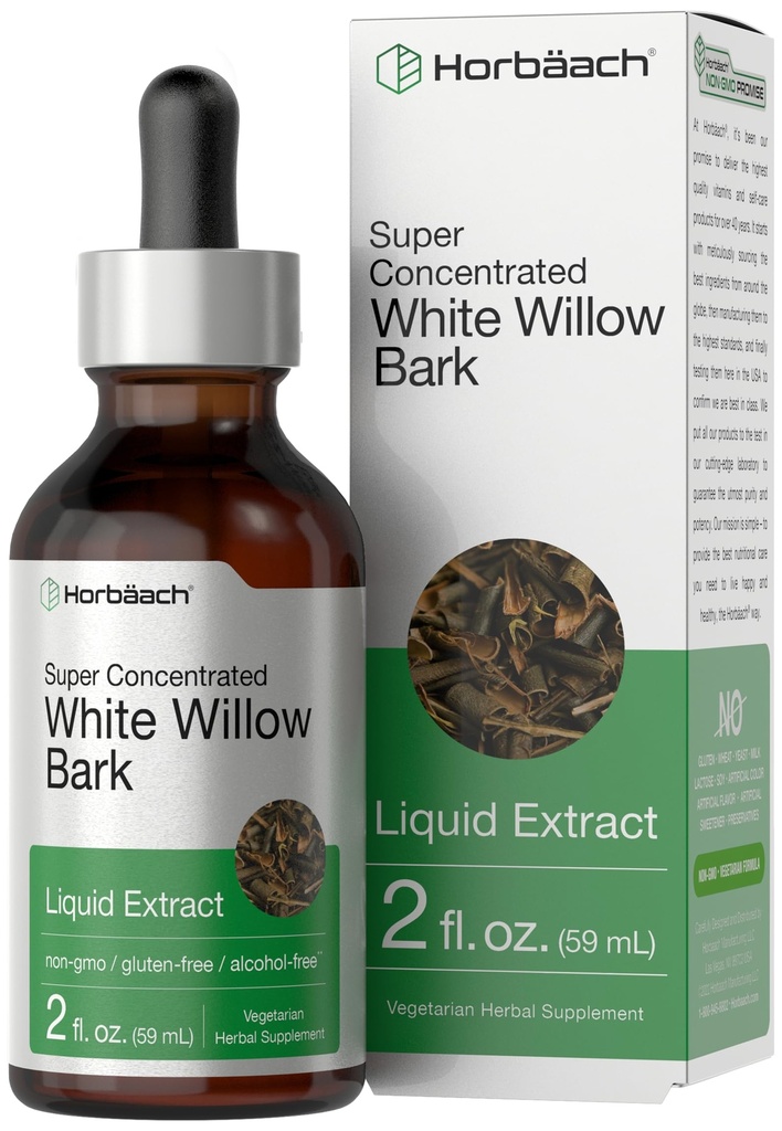 Horbäach Hvit Willow Bark Ekstrakt Tinktur | 2 Fl oz | Alkohol gratis flytende kosttilskudd | Super konsentrert | vegetarisk, ikke-GMO, Glutenfri