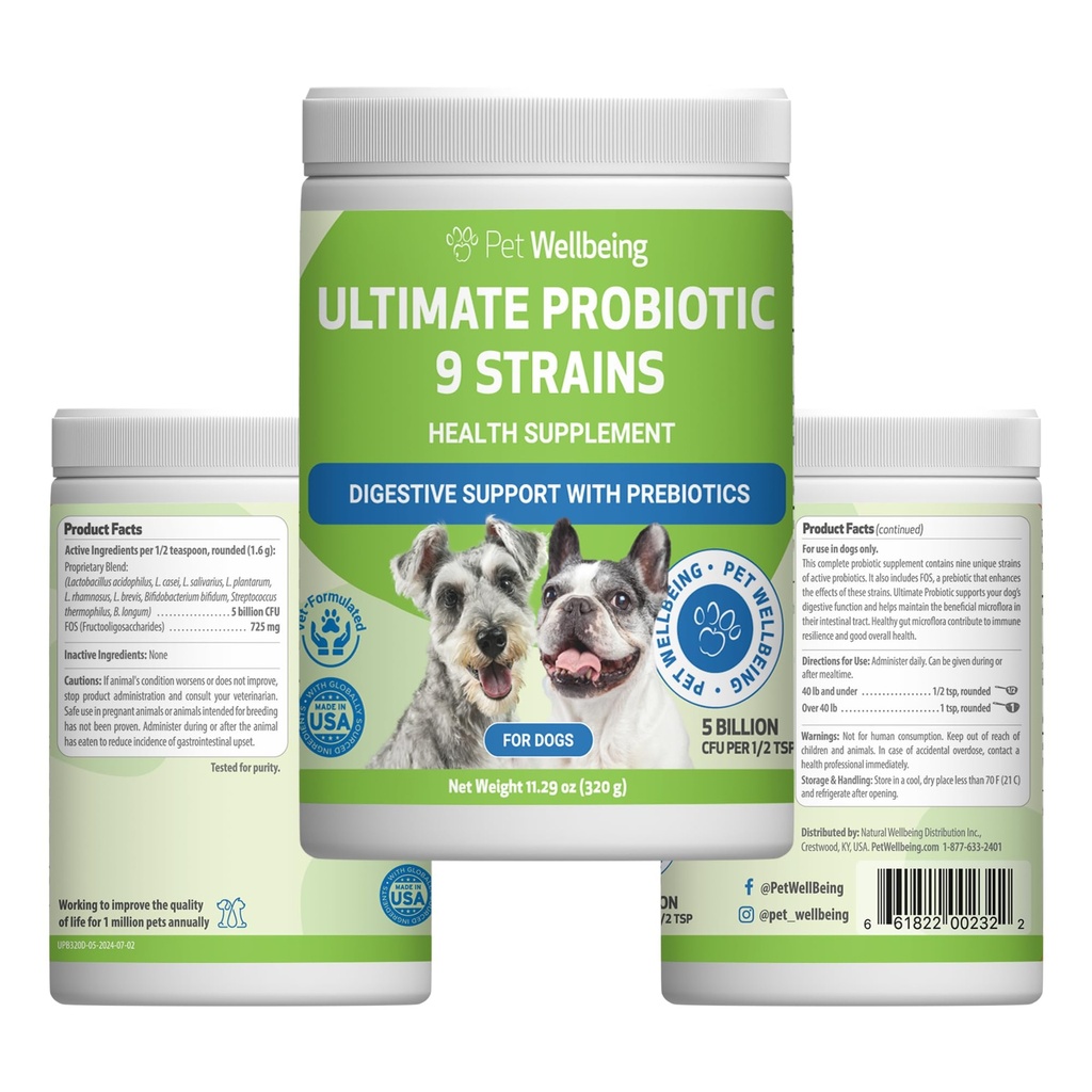 Kjæledyr velvære Ultimate Probiotic 9 Strains for hunder og katter - støtter Gut Microbiome og Digestion, Immune System Care, Urin Tract Health, FOS, 2,5 milliarder CFU - 11.29 oz (320 g) pulver