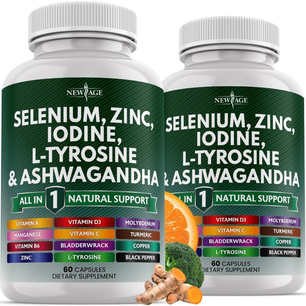 New Age Selenium, Sink, Iodine, L Tyrosin, Ashwagandha - Supplement for kvinner og menn med Bladderwrack, Turmeric, Silica Kelp, Schisandra - 120 greve
