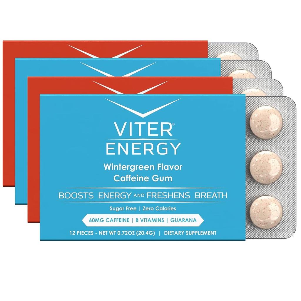Viter Energi Koffeinert Gum 60 mg Koffein, B-vitaminer, Guarana, Sukkerfri. (Variety, 12pcs, 4 Pack)