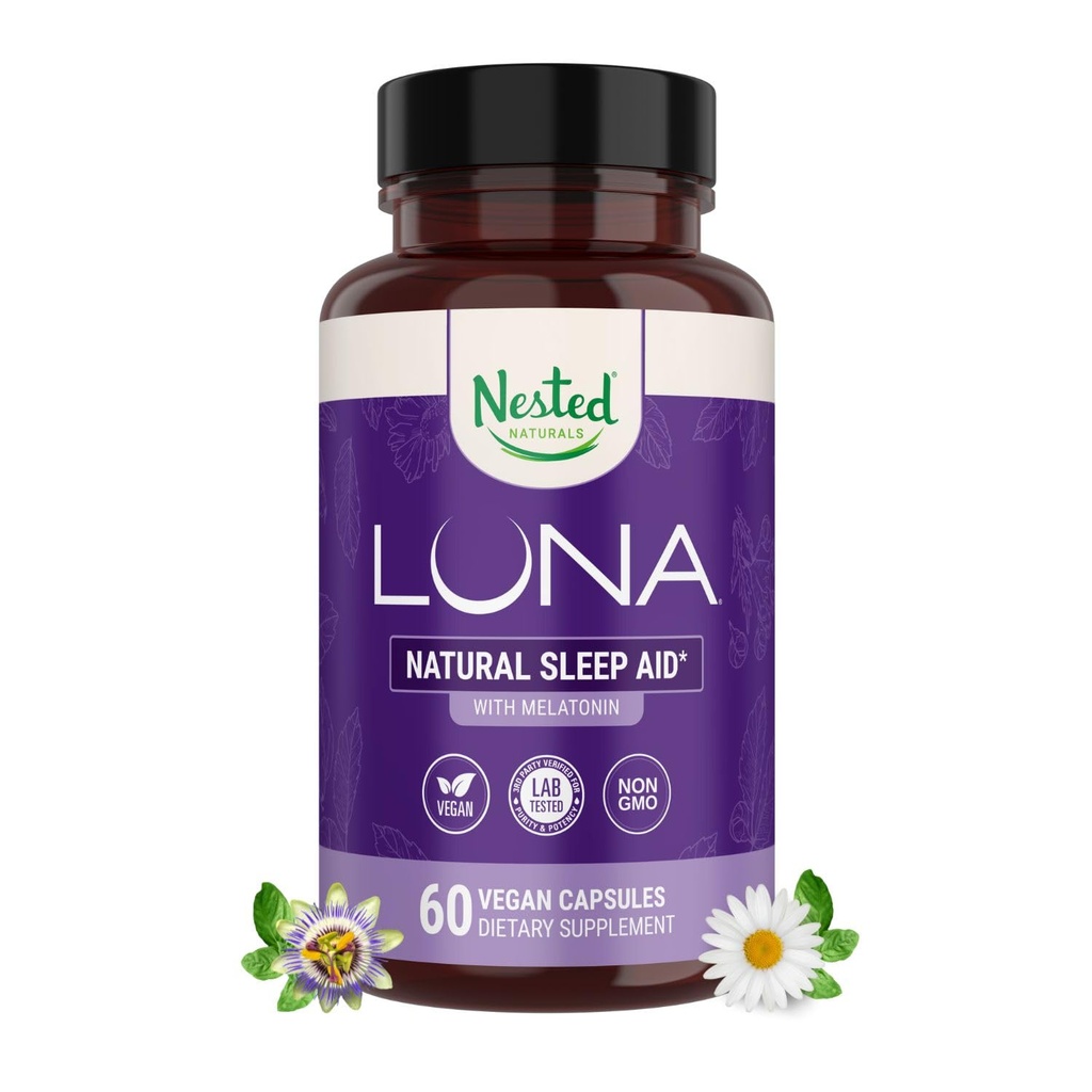 Nested Naturals Luna Sleep Aid - Ikke-Habit Forming Natural Sleeping piller for voksne med naturlig kildede ingredienser - Valerian Root, Melatonin, Kamille, Lemon Balm, og mer - 60 Vegan Kapsler