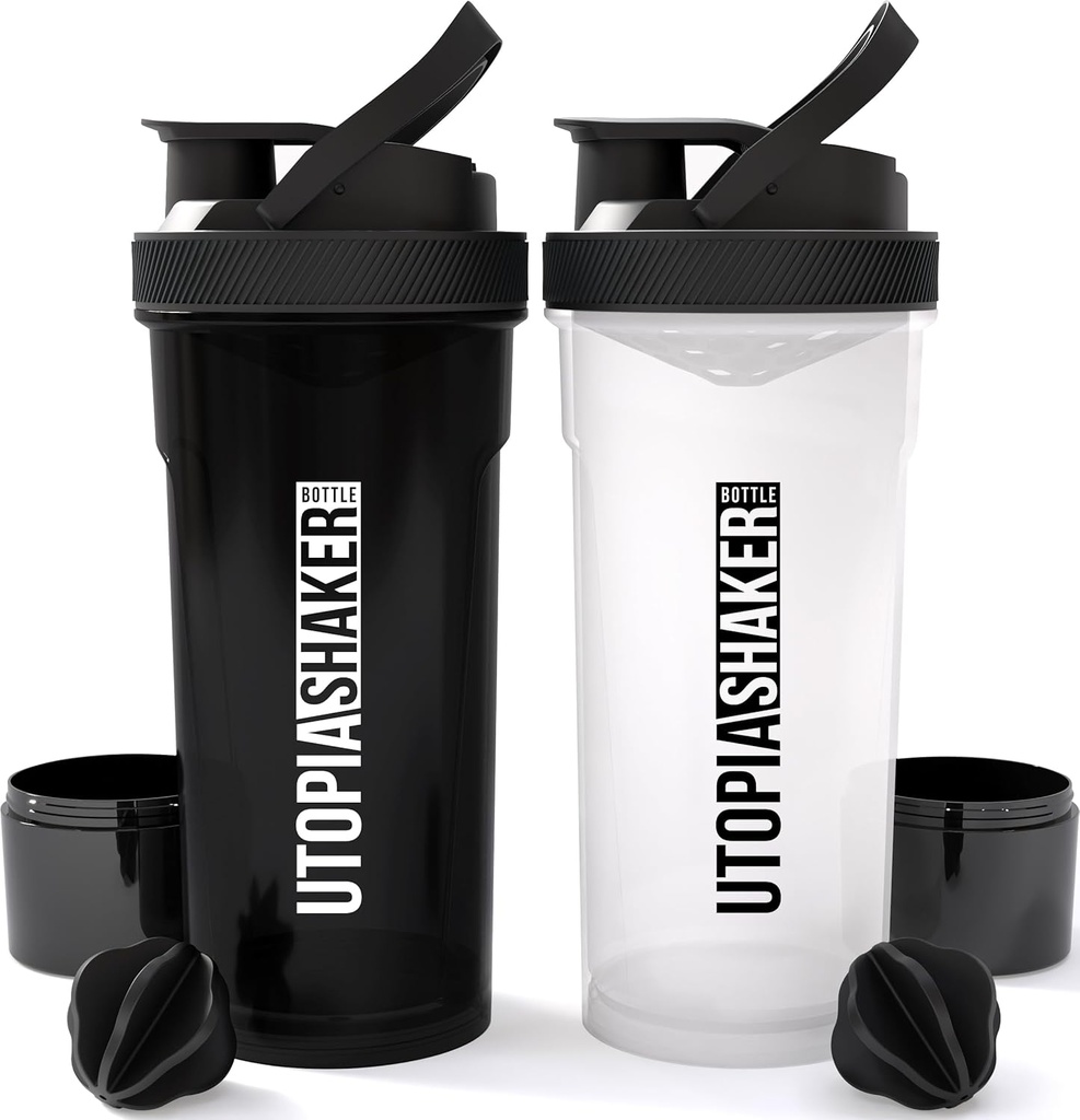 Utopia Hjem Shaker Flaske 2 Pack - 24 Ounce Plastprotein eller Cocktail Shaker Flaske for Pre & Post trening med Twist & Lock Protein Box Oppbevaring (All Black & Clear / Black)