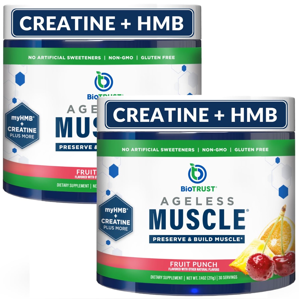 BioTrust Agerless Muscle Builder - Kreatin HMB pulver med vitamin D3 & Betain - Build & Bevar naturlig å redusere muskelmasse og styrke - fruktpunch, 60 serveringer