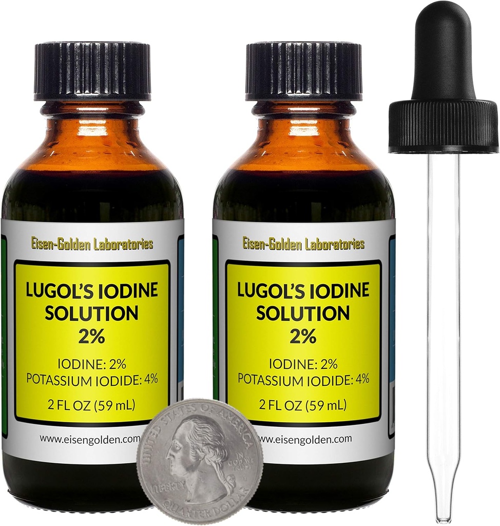 Lugols jod / 2% løsning / 4 Oz i to Amber Glassflasker / gratis droppers / USA