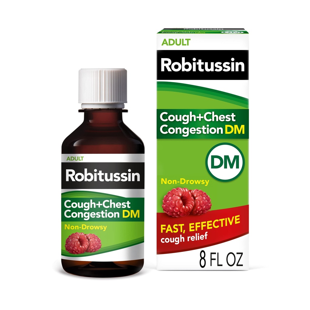 Robitussin Cough and Chest Congestion DM, Cough Suppressant og utfordrende, bringebær flavor - 8 Fl Oz flaske