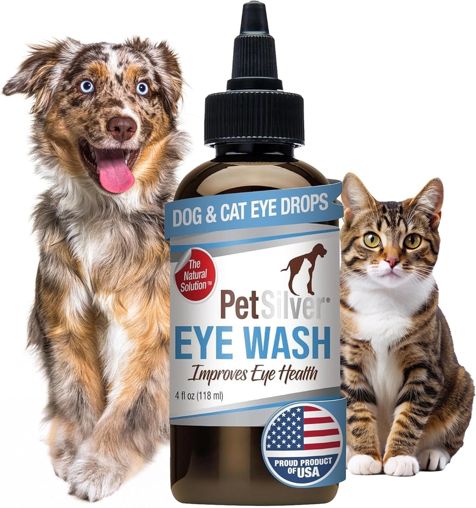 PetSilver Eye Drops for hunder og katter - Naturlig hund Øyevask - Relief for inflammasjon og irritation - Pet Eye Cleaner og Tear Stain Remover - Patentert sølvformula - laget i USA - 4 fl oz