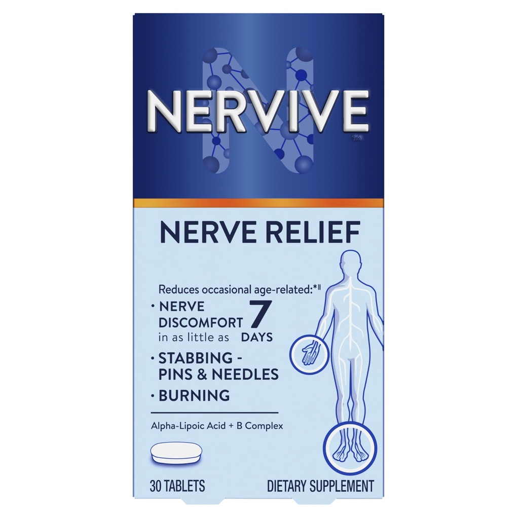 Nervive Nerve Relief, Avslappende Nerve Discomfort II, Nerve Relief, Begynner å jobbe i 7 dager, Stabbing, Brenning, Alfa Lipoic Acid, B Vitaminer, Ginger, Nervive Supplement, 30 tabletter