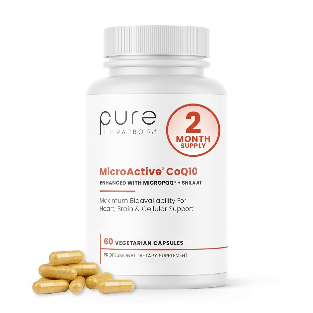 MicroActive CoQ10 Forbedret med MicroPQQ + Shilajit “Sustent release” 60 Veg Caps | Beleilig en gang daglig klinisk dose | 2 måneders forsyning | Vegan | Farmasøytisk grad
