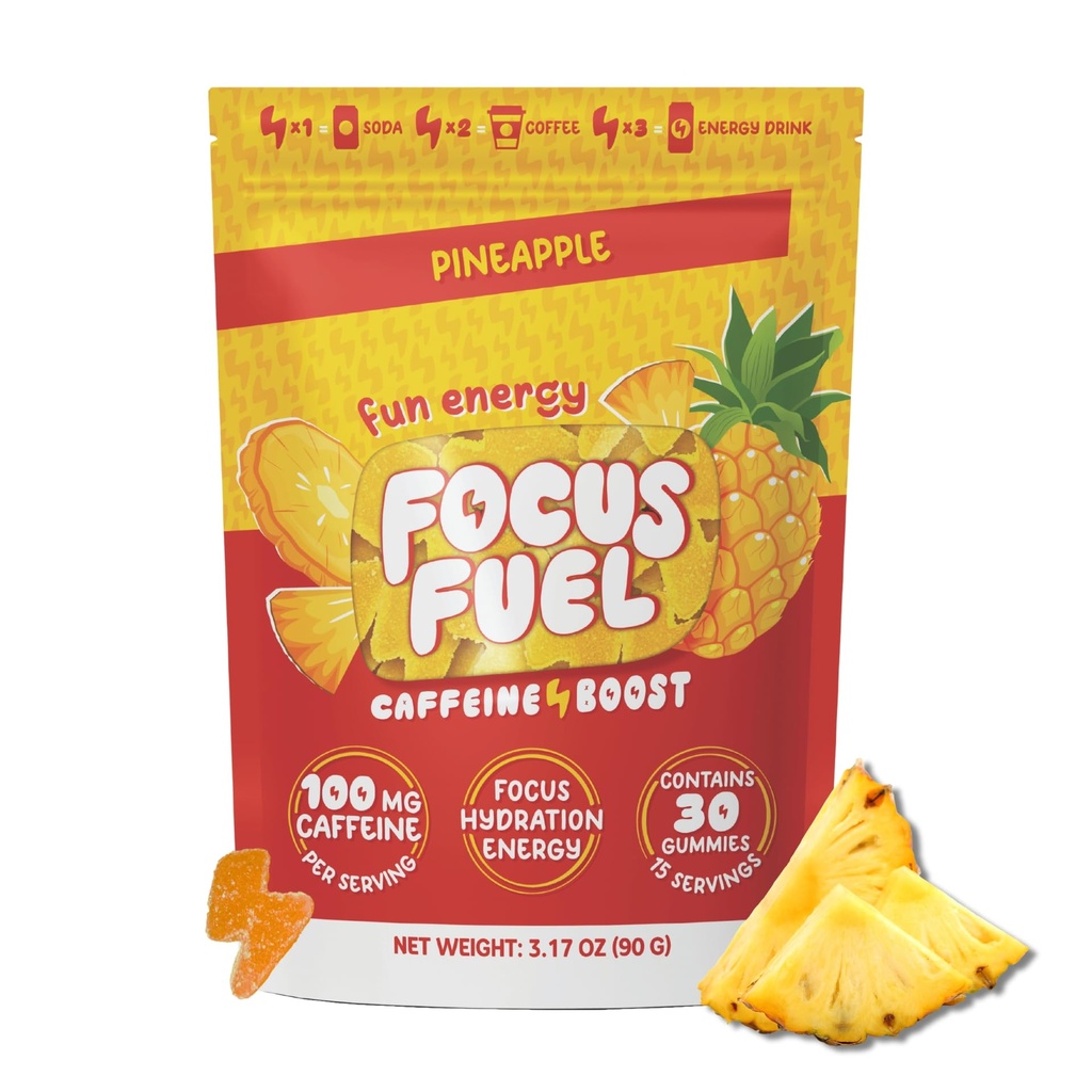 FocusFuel Energi Chews – Pineapple Flavor (15 Serveringer) – 100 mg koffein + Alpha GPC + L-Theanine + B12, Magnesium – Tropisk energi Boost – Ingen krasj eller Jitters