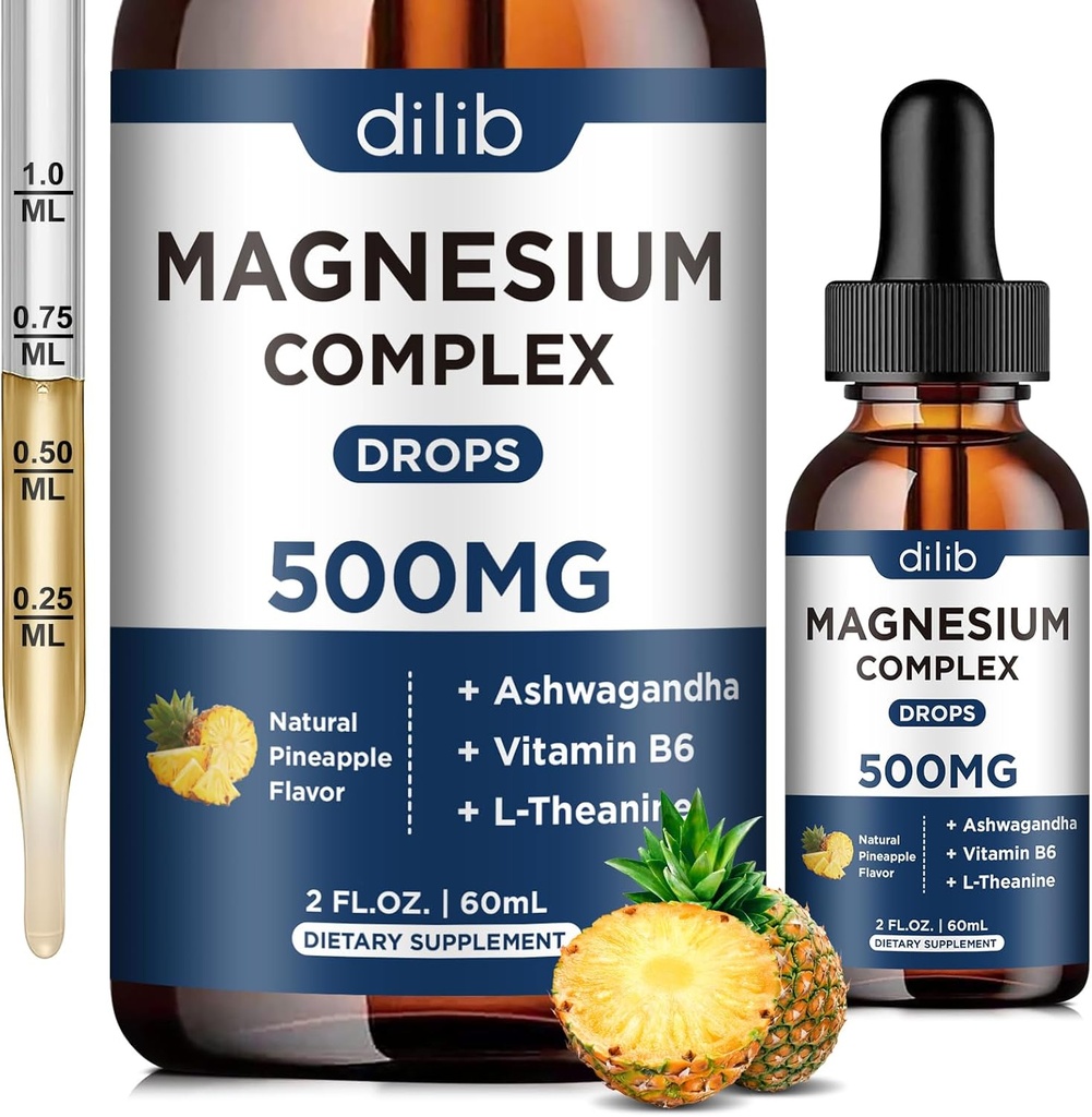 Triple Magnesium Complex Supplement-Magnesium Glycinate, Citrat, Male flytende dråper 500 mg med Ashwagandha, L-Theanin, Vitamin B6 for ro, stress relief, søvn, muskel støtte-Pineapple Flavor
