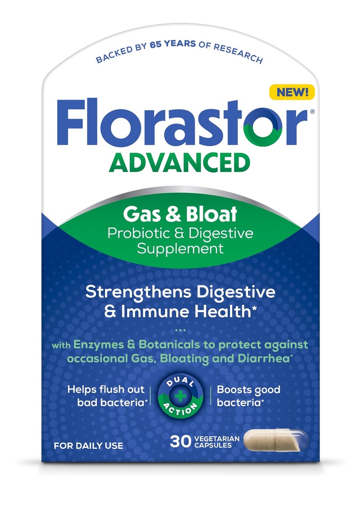 Florastor Advanced Gass and Bloat Probiotic, Digestive Enzymer og Botanicals, pluss probiotika for digestiv helse, 30 kapsler