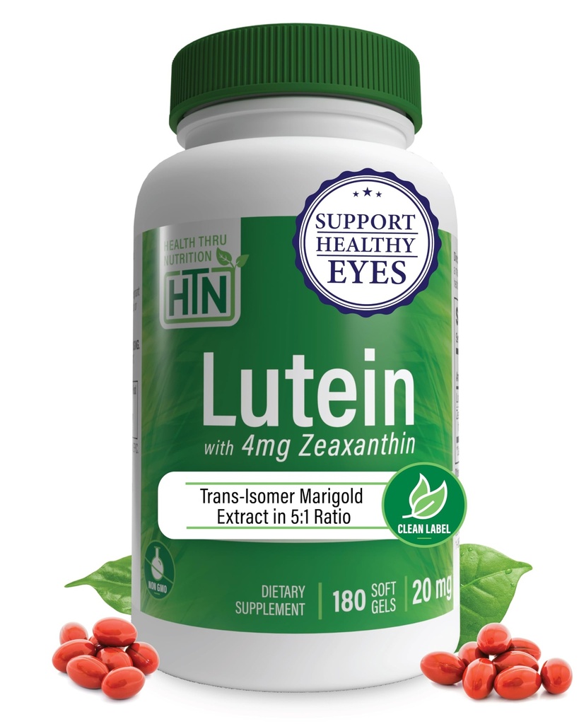 Lutein 20mg med Zeaxanthin 4mg 180 Softgels | All-Trans Marigold ekstrakt i naturen Identical 5:1 Ratio | Støtter sunne øyne, hud og hjerne | Ikke-GMO Soja & Glutenfri | ved Health Thru ernæring