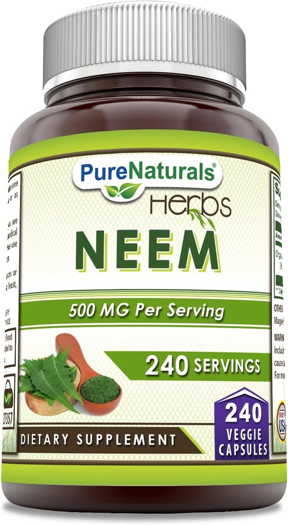 Pure Naturals Neem (Made med naturlig Neem Leaf) | 500 Mg per servering 240 Veggie kapsler Supplement | Ikke-GMO | Glutenfri | laget i USA | Ideell for vegetarianere