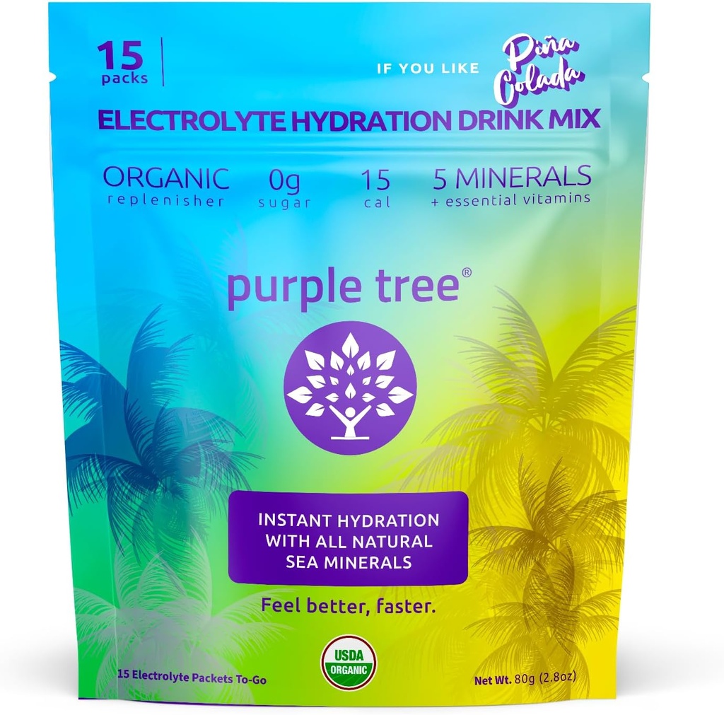 Purple Tree Organic Electrolyte Hydration Packets - Pina Colada Flavor, sukkerfri flytende Hydration Sticks for rask hydrering, daglig Electrolyte Drink Mix for dehydrering Relief, 15 To-Go Pakker