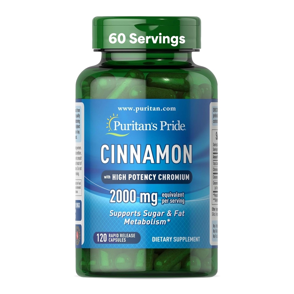 Puritans Pride Cinnamon 875 mg (2000 mg ekvivalent) med høy potenskrom, støtter sukker, fett og sunn næringsstoffmetabolisme, cellulær energi, 2 måneders forsyning, 120 Rapid Release Kapsler