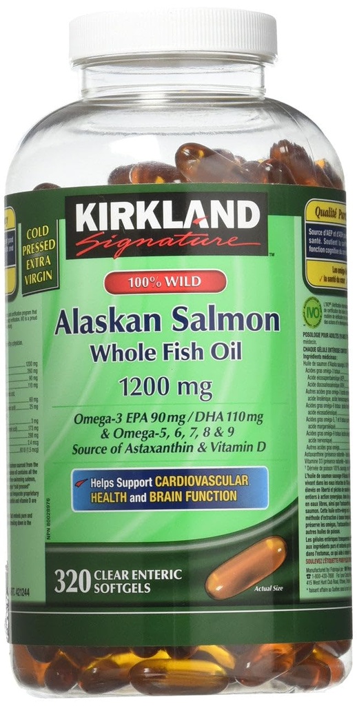 Kirkland Signatur 100% Wild Alaskan Salmon Oil 90 EPA 110 DHA 1200mg - 320 Enteric Coated Softgels