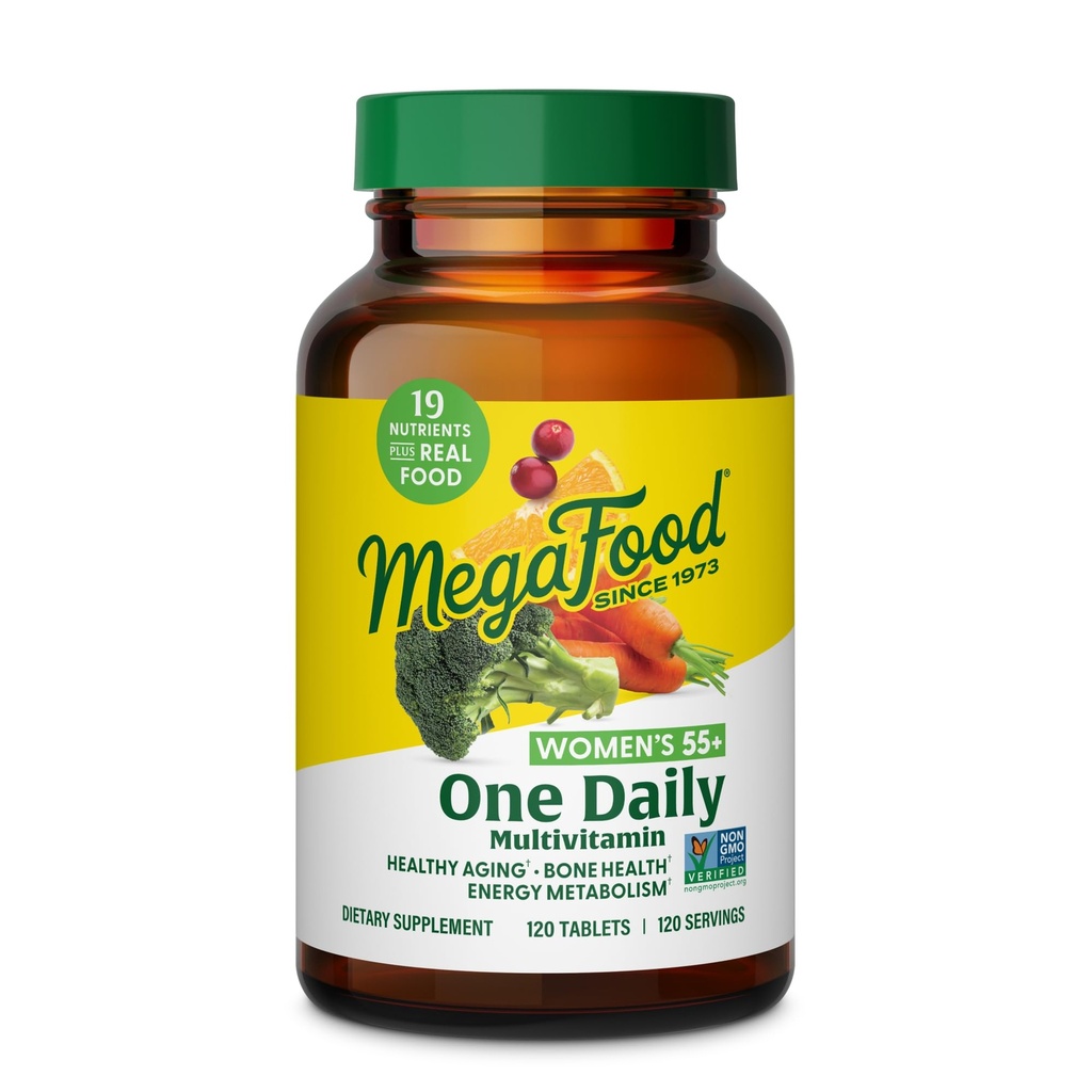 MegaFood Women's 55+ Ett daglig multivitamin for kvinner - med vitamin A, C, D3 & E for optimal aldring støtte - Plus ekte mat - Bone & Immune Support Supplement - Vegetarisk - 120 faner
