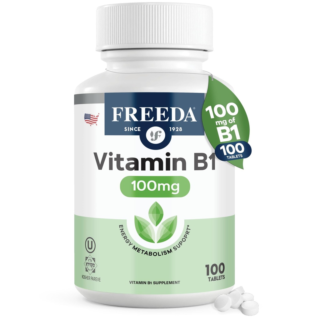 Freeda Vitamin B1 Thiamin 100mg - støtter energimetabolisme, nervesystem helse - Kosher, Vegansk, Glutenfri - Thiamin HCl 100 mg vitamin B 1 - ren Vit Vitamin B1 vitamin Thiamin B1 Supplement (100 Ct)