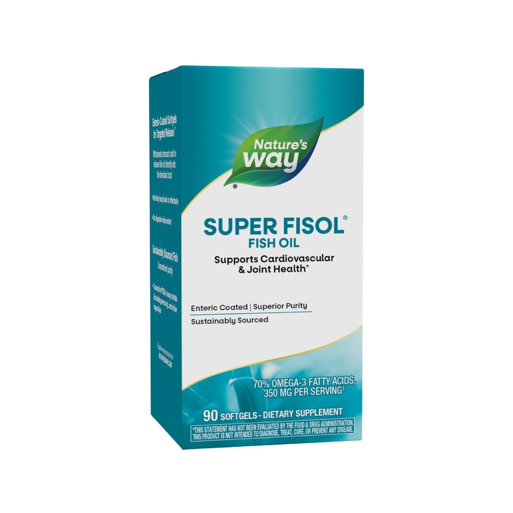 Naturens måte Super Fisol Fish Oil, Enterisk Coated, støtter kardiovaskulær og felles helse*, Mega Potency Omega-3s, 90 Softgels (pakke May Vary)