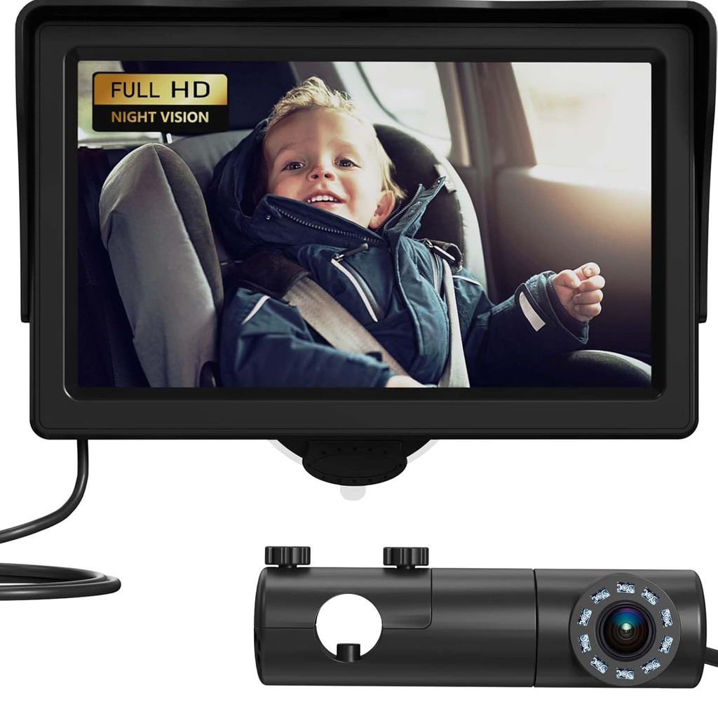 Baby bilkamera, HD-skjerm Baby bilspeil med natt visjon funksjon, 4,3 tommer baby bil kamera med monitor Wide Clear View, BackSeat Camera Rear Facing for å observere babyens hvert trekk