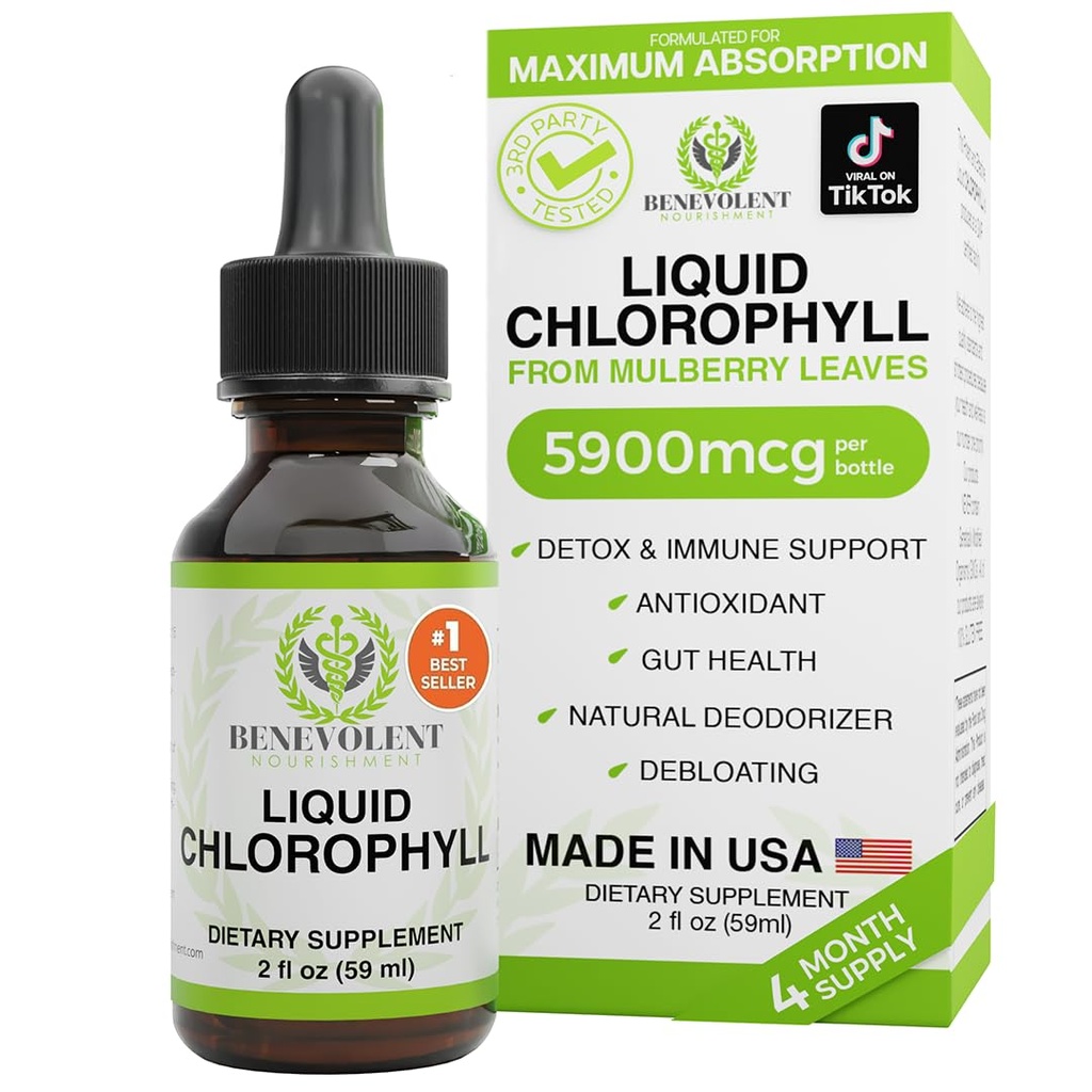 Benevolent klorofyll flytende dråper – Detox & Immune Support, Intern Deodorizer & Hud Helse Supplement, Ikke-GMO, 4 måneders forsyning, Naturlig Mint Flavor